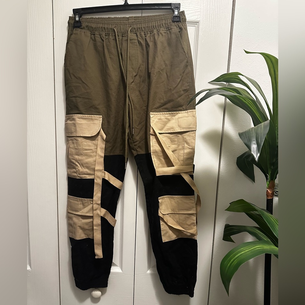 Fashion Nova Khaki and Black Joggers with Beige Details